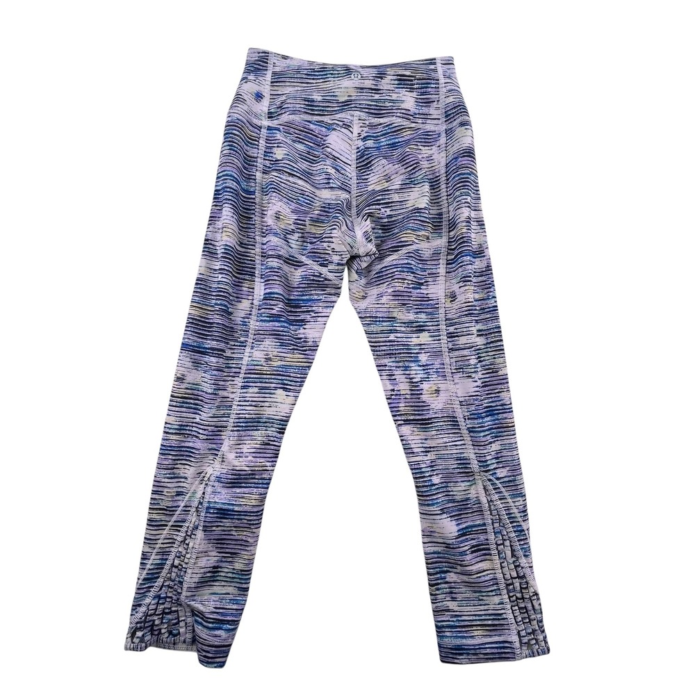 Lululemon High Rise Crop Leggings Multi Color Space Dye Floral Strappy Detail